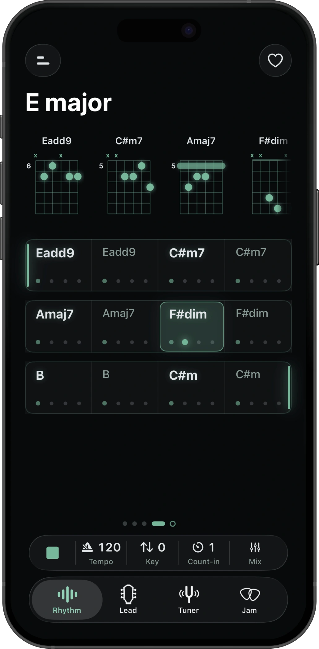 Jamerator generating an E major chord progression with diagrams and a chart