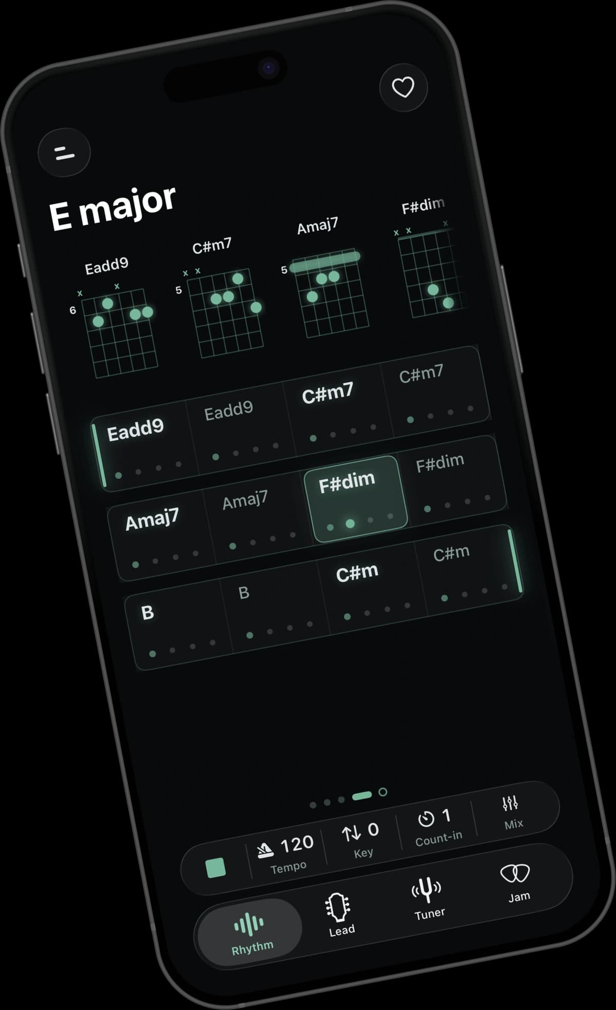 Jamerator chart view showing chord diagrams and a song chart for E major