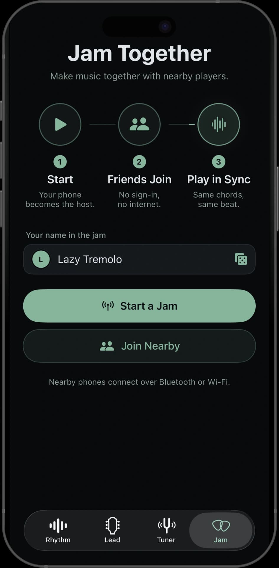 Jamerator Jam Together screen with options to start a jam or join one nearby
