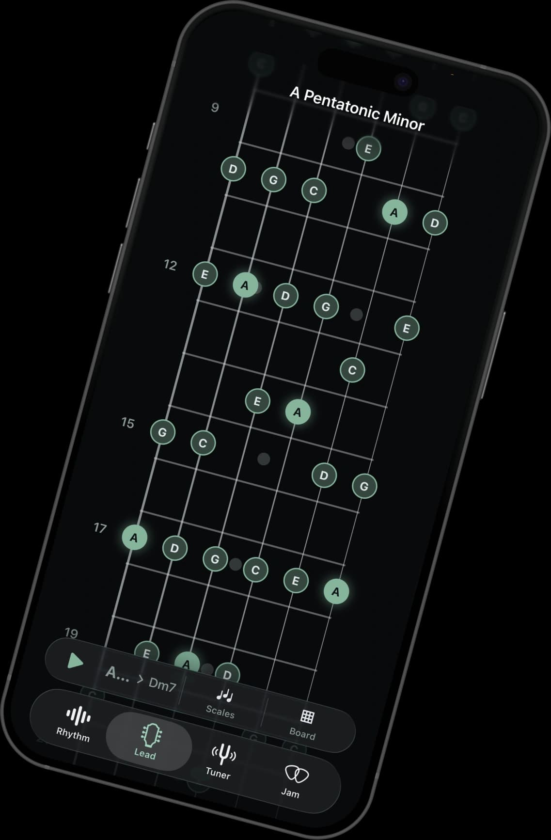 Jamerator Lead view showing the A pentatonic minor scale across the fretboard